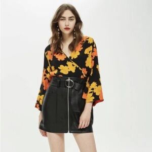 Topshop Kimono Wrap Blouse Big Bloom Floral Orange and Yellow